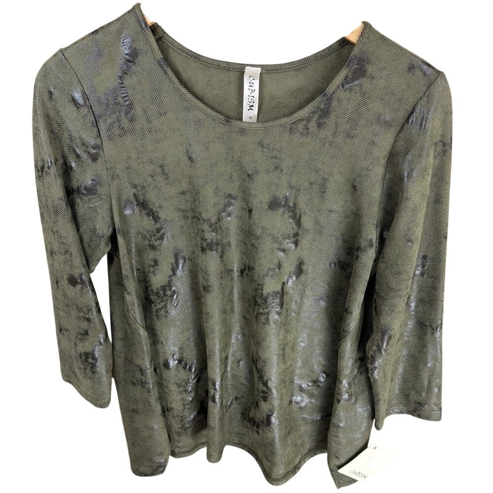 NWT Cubism Green Black Faux Leather Burnished High Low Long Sleeve Top Size S